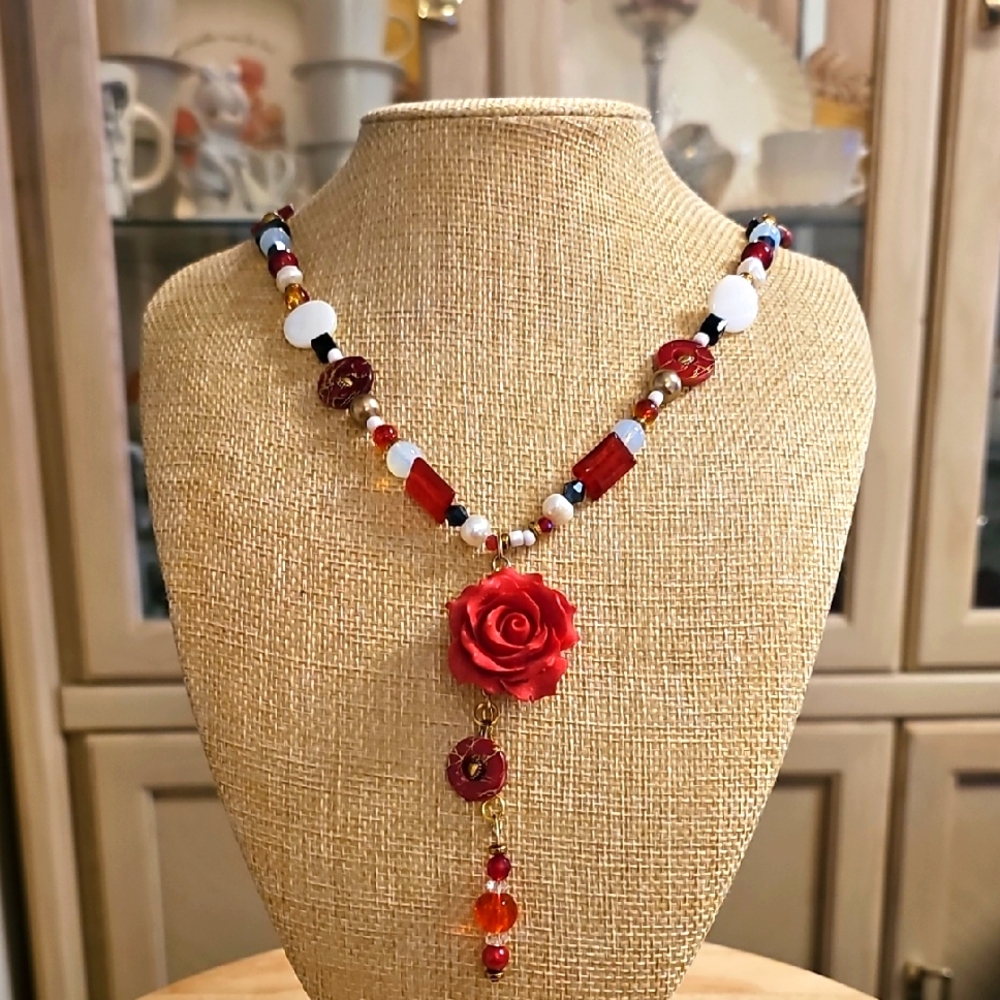 Whimsical Boho Red Rose Beaded Necklace